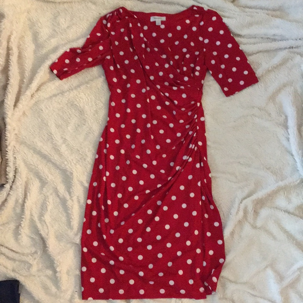 Red polka dot faux wrap dress